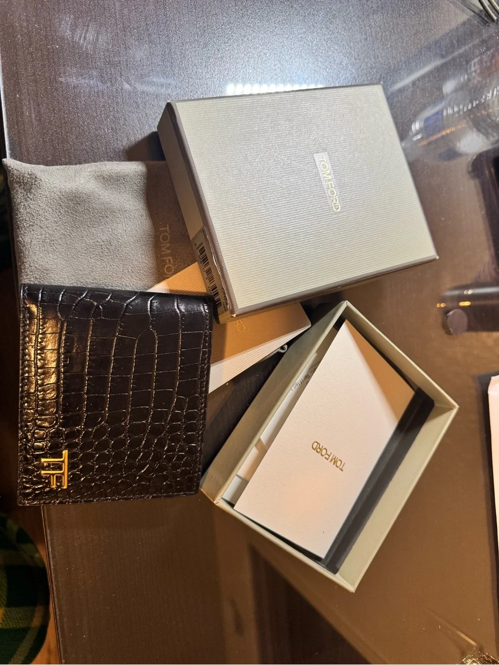 Tom Ford Black Croc-Effect Leather Card Holder with Gold TF Logo